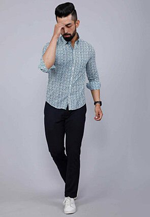 Printed Pure Cotton Shirt in White and Blue
