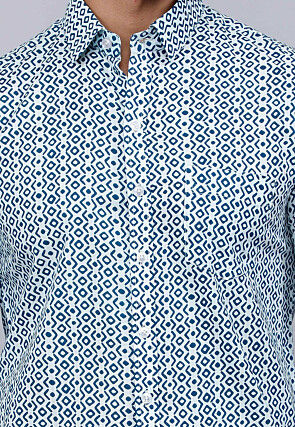 Printed Pure Cotton Shirt in White and Blue