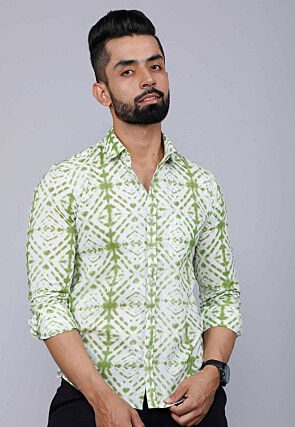 Printed Pure Cotton Shirt in White and Green