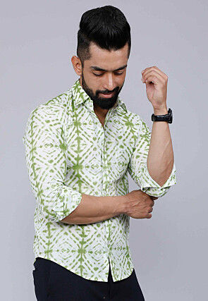 Printed Pure Cotton Shirt in White and Green