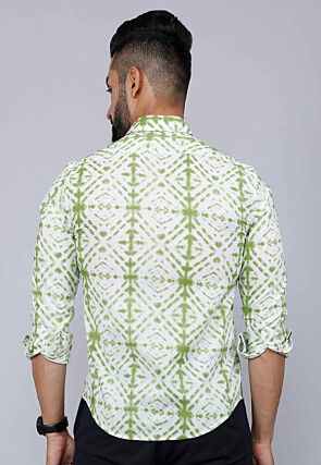 Printed Pure Cotton Shirt in White and Green