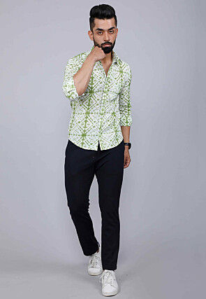 Printed Pure Cotton Shirt in White and Green