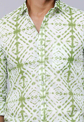 Printed Pure Cotton Shirt in White and Green