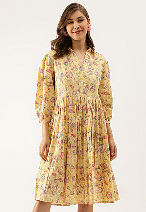 Printed Pure Cotton Short Dress in Light Yellow