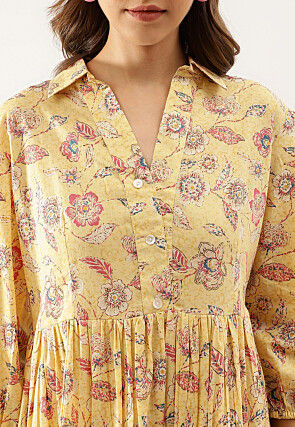 Printed Pure Cotton Short Dress in Light Yellow