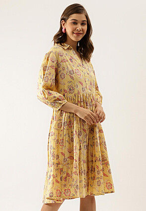 Printed Pure Cotton Short Dress in Light Yellow