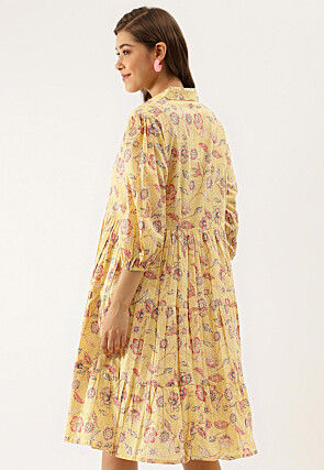 Printed Pure Cotton Short Dress in Light Yellow