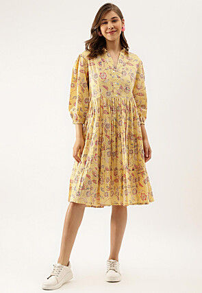 Printed Pure Cotton Short Dress in Light Yellow