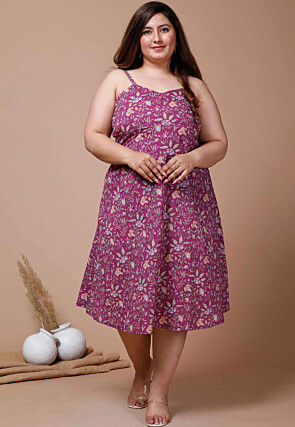 Printed Pure Cotton Short Dress in Purple