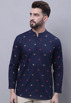 Printed Pure Cotton Short Kurta in Navy Blue