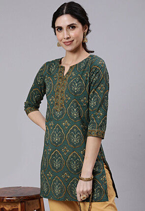 Printed Pure Cotton Short Kurti in Teal Green