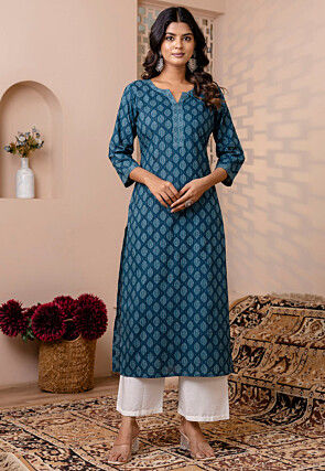Printed Pure Cotton Straight Kurta in Dark Teal Blue
