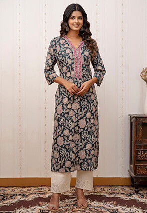 Printed Pure Cotton Straight Kurta in Dusty Green