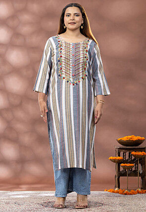Printed Pure Cotton Straight Kurta in Grey and Multicolor