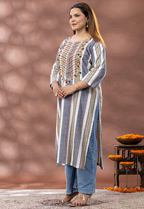 Printed Pure Cotton Straight Kurta in Grey and Multicolor