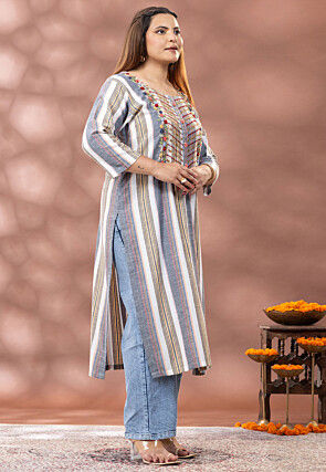 Printed Pure Cotton Straight Kurta in Grey and Multicolor