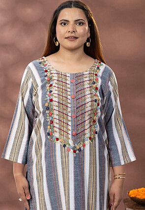 Printed Pure Cotton Straight Kurta in Grey and Multicolor