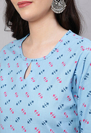 Printed Pure Cotton Straight Kurta in Light Blue
