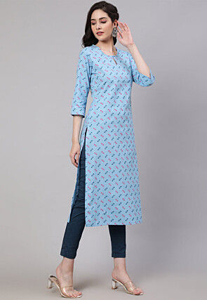 Printed Pure Cotton Straight Kurta in Light Blue