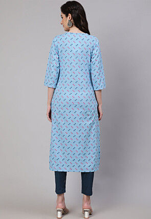 Printed Pure Cotton Straight Kurta in Light Blue