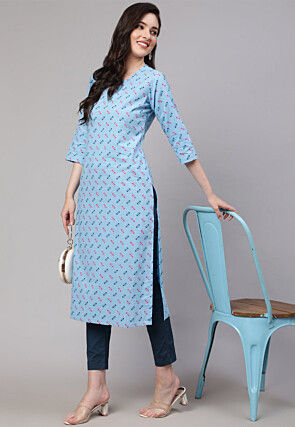 Printed Pure Cotton Straight Kurta in Light Blue
