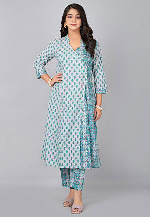 Printed Pure Cotton Straight Kurta Set in Light Grey