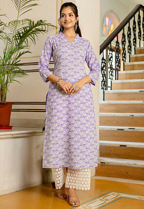 Printed Pure Cotton Straight Kurta in Light Purple