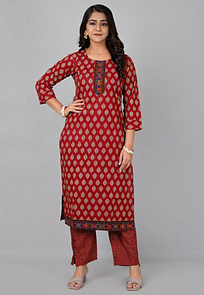 Printed Pure Cotton Straight Kurta Set in Maroon
