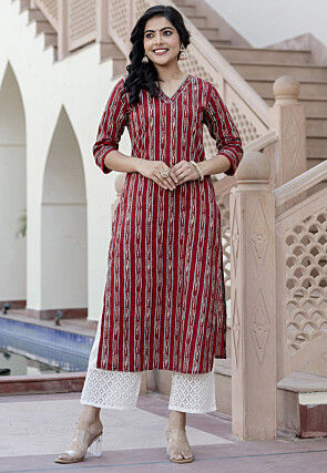 Printed Pure Cotton Straight Kurta in Maroon