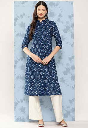 Printed Pure Cotton Straight Kurta in Navy Blue