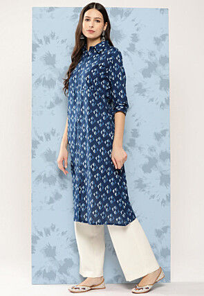Printed Pure Cotton Straight Kurta in Navy Blue