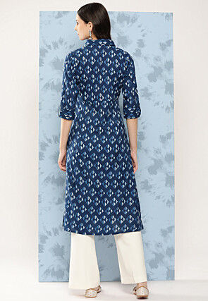 Printed Pure Cotton Straight Kurta in Navy Blue