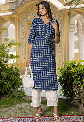 Printed Pure Cotton Straight Kurta in Navy Blue