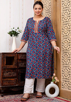 Printed Pure Cotton Straight Kurta in Navy Blue