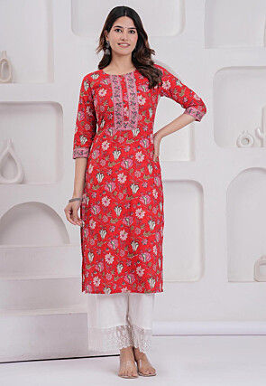 Printed Pure Cotton Straight Kurta in Red