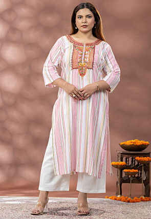 Printed Pure Cotton Straight Kurta in White and Multicolor
