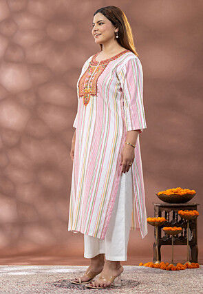 Printed Pure Cotton Straight Kurta in White and Multicolor