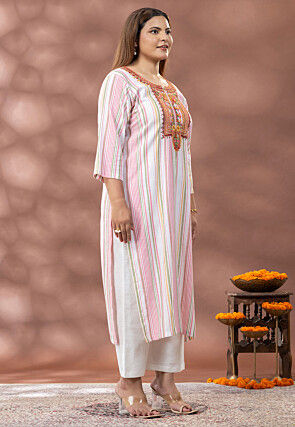 Printed Pure Cotton Straight Kurta in White and Multicolor