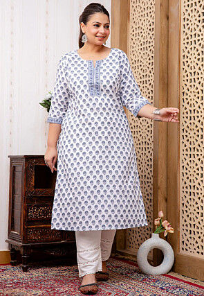 Printed Pure Cotton Straight Kurta in White
