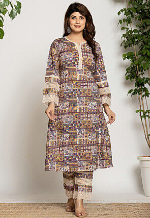 Printed Pure Cotton Straight Kurta Set in Beige and Multicolor