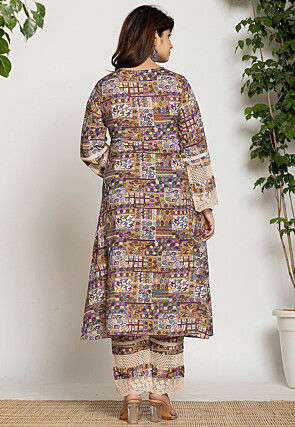 Printed Pure Cotton Straight Kurta Set in Beige and Multicolor