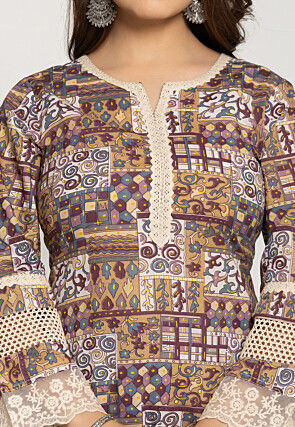 Printed Pure Cotton Straight Kurta Set in Beige and Multicolor