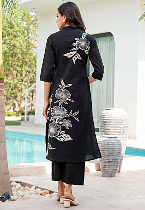 Printed Pure Cotton Straight Kurta Set in Black