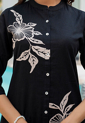 Printed Pure Cotton Straight Kurta Set in Black