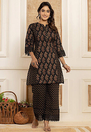 Printed Pure Cotton Straight Kurta Set in Black