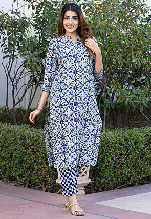 Printed Pure Cotton Straight Kurta Set in Blue and Off White