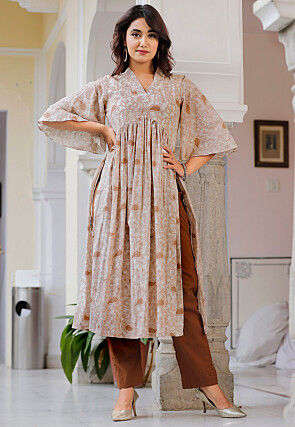 Printed Pure Cotton Straight Kurta Set in Light Fawn