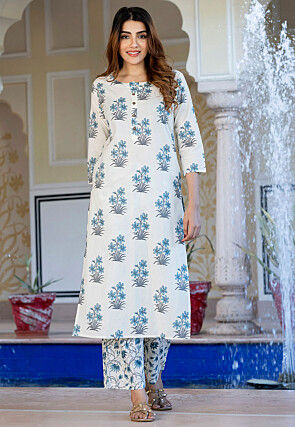 Printed Pure Cotton Straight Kurta Set in Off White