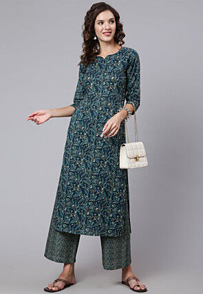Printed Pure Cotton Straight Kurta Set in Teal Blue
