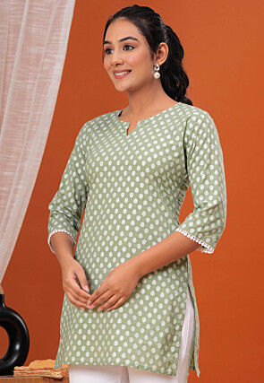 Printed Pure Cotton Straight Kurti in Pastel Green